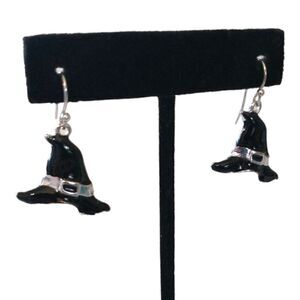 Halloween Earrings Dangle Silver Tone Black Enameled Witch Hat Witchy Witchcore.